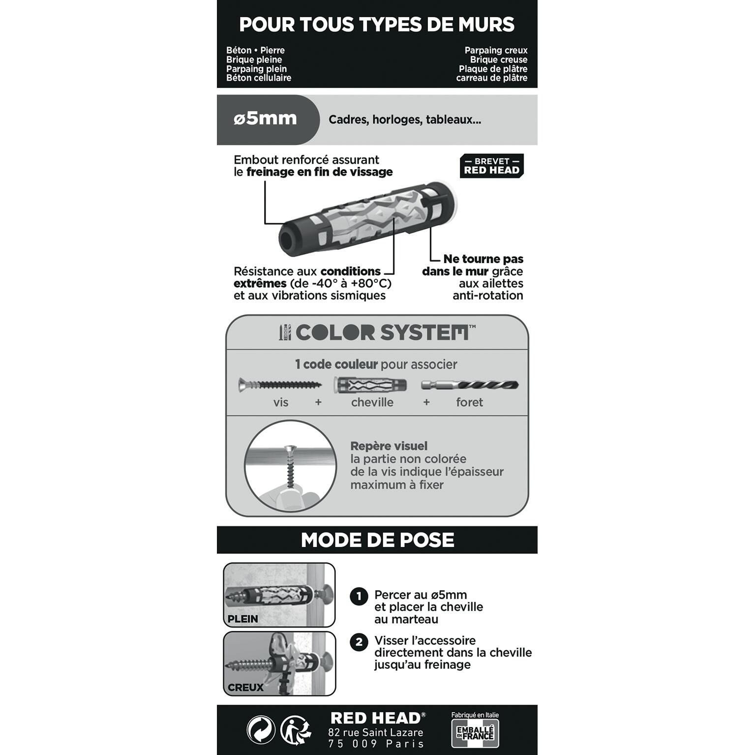 Lot de 4 Cheville murale mx gamme couleur RED HEAD, Ø5 x L.30 mm - 3