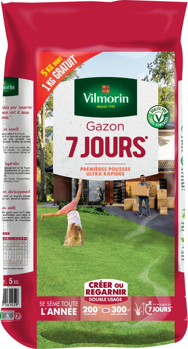Gazon 7 jours VILMORIN Sac 5kg dont 1gratuit 200 m²