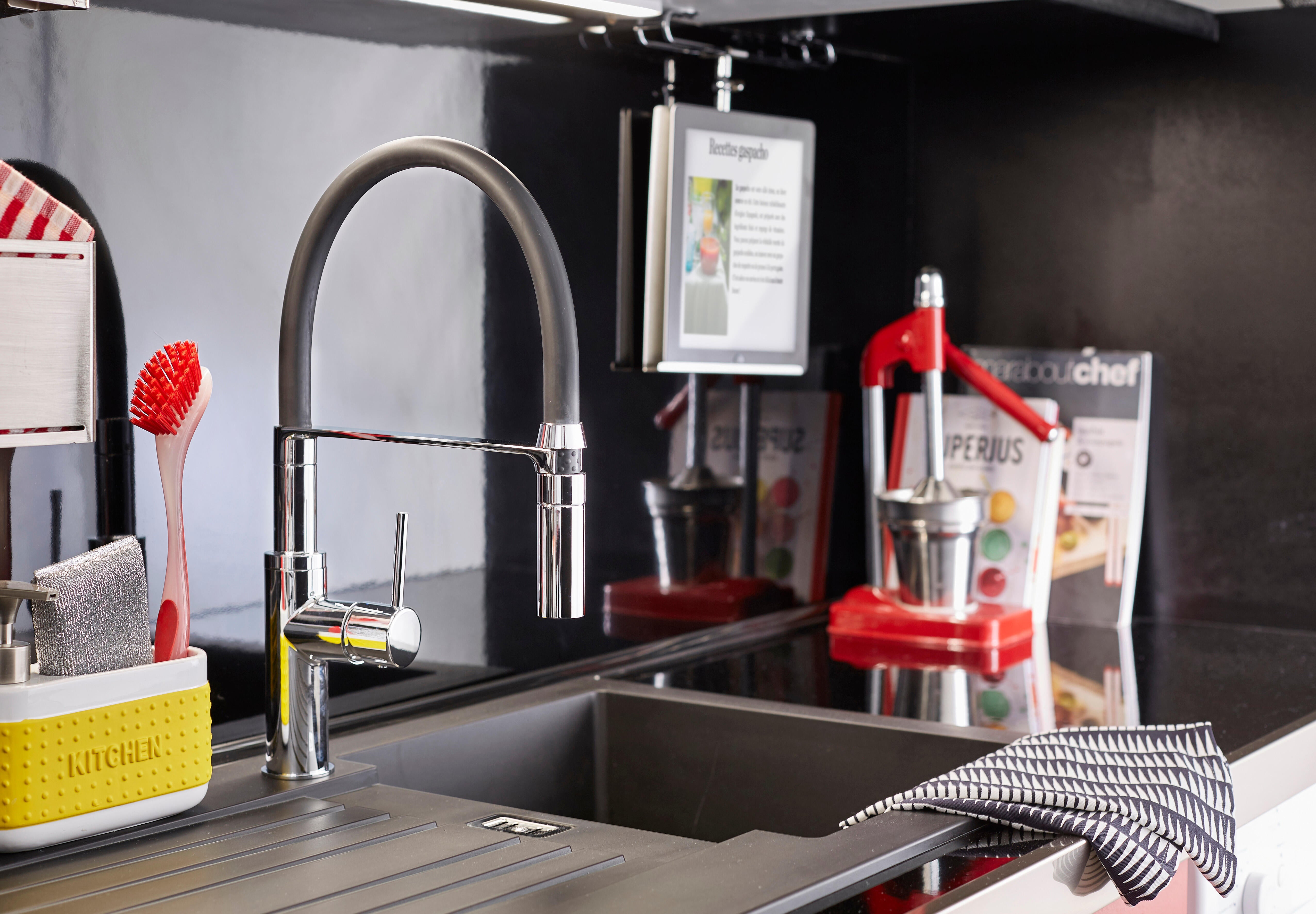 Evier à encastrer 1 bac avec égouttoir, résine, SOLO Noir - 4