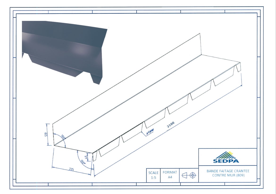 Faîtière sur mur pour plaque nervurée 63/100 bleu ardoise ral 5008, L.2.1 m - 2