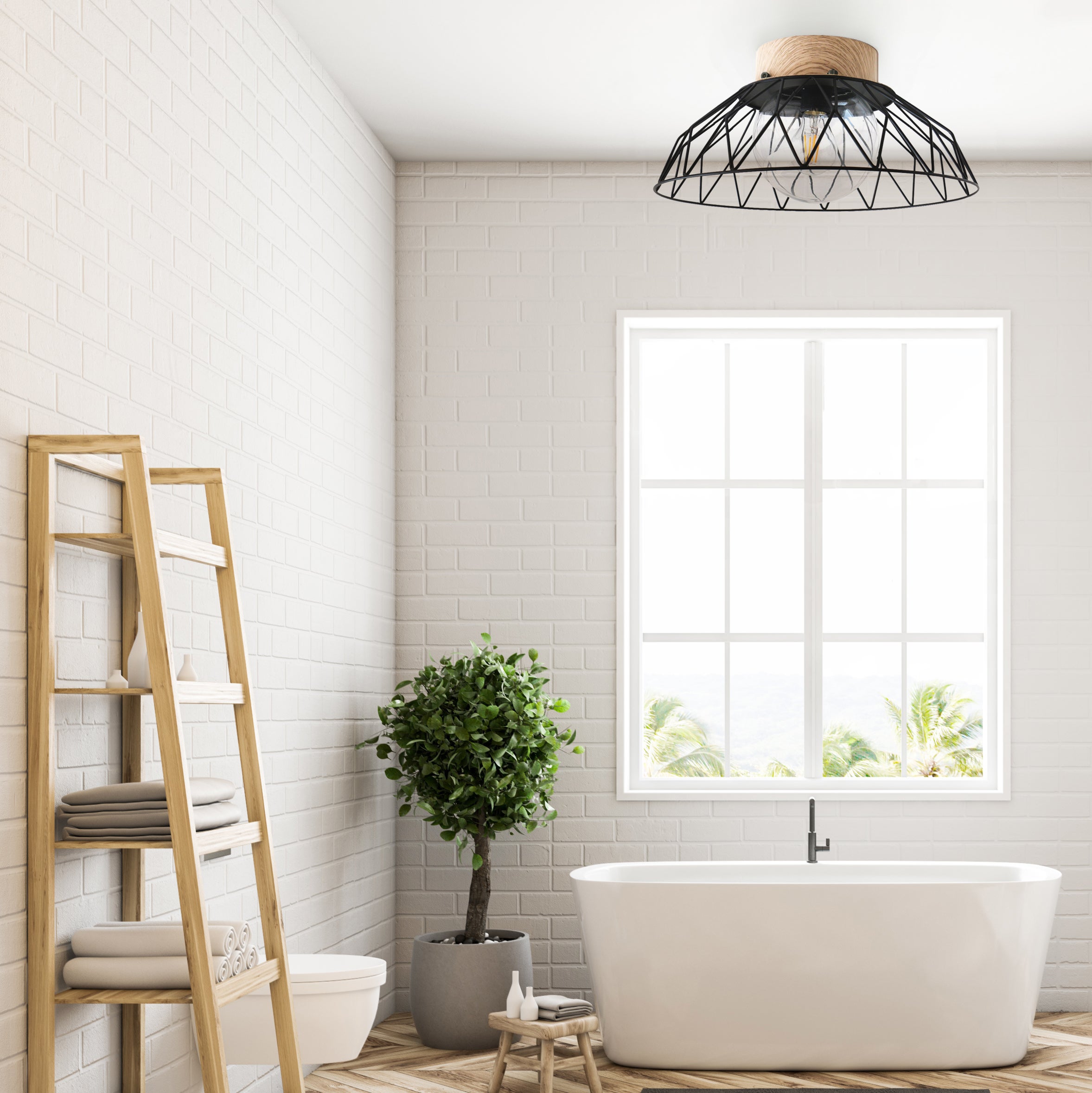 Plafonnier salle de bain Clayton E27, D.38 cm, noir et coloris bois, Seynave - 2