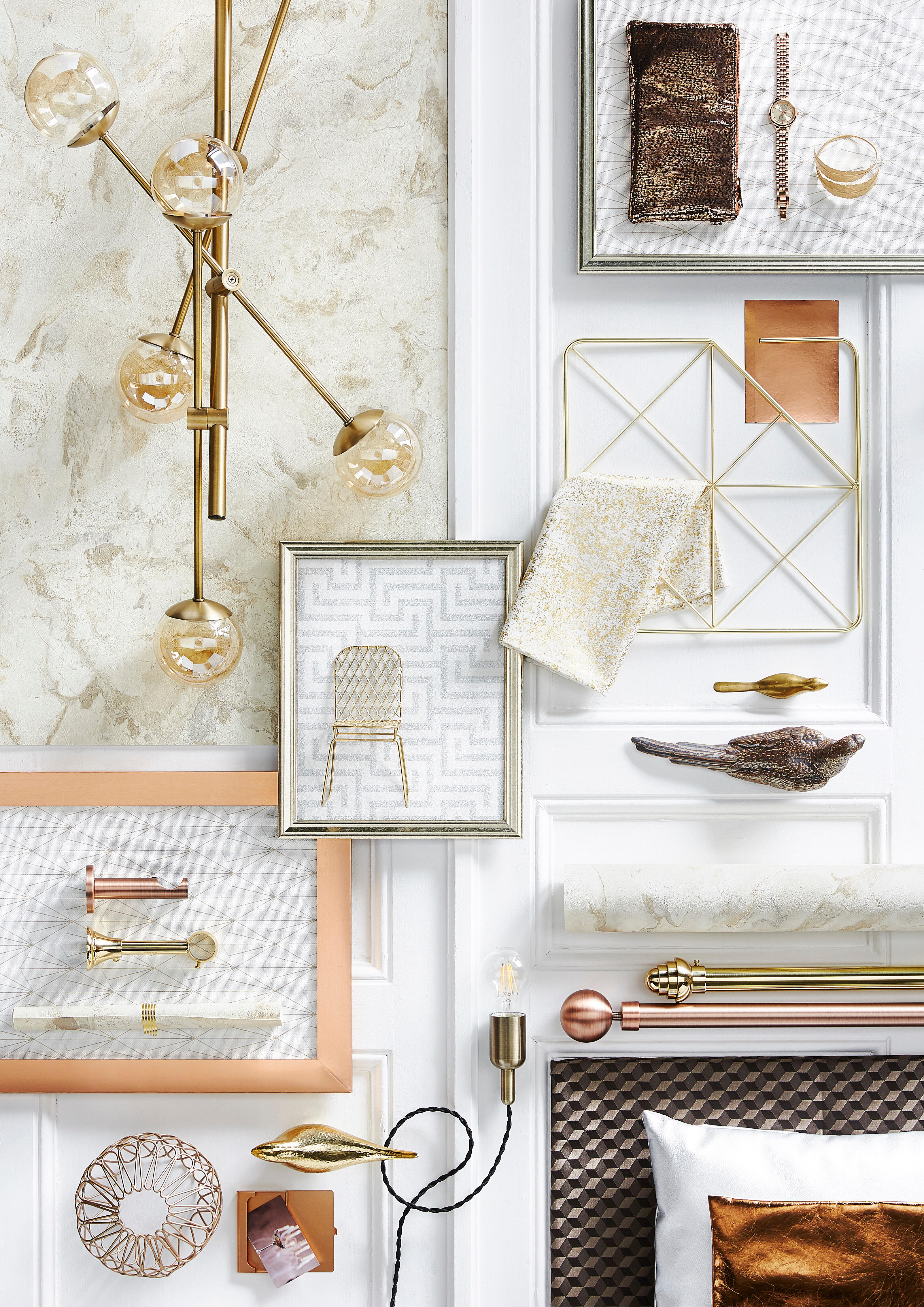 Papier peint intissé Motif geo blanc et or - 5