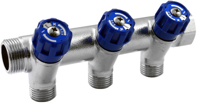 Collecteur à visser M/F 20x27, 3 départs + robinet bleu M15x21