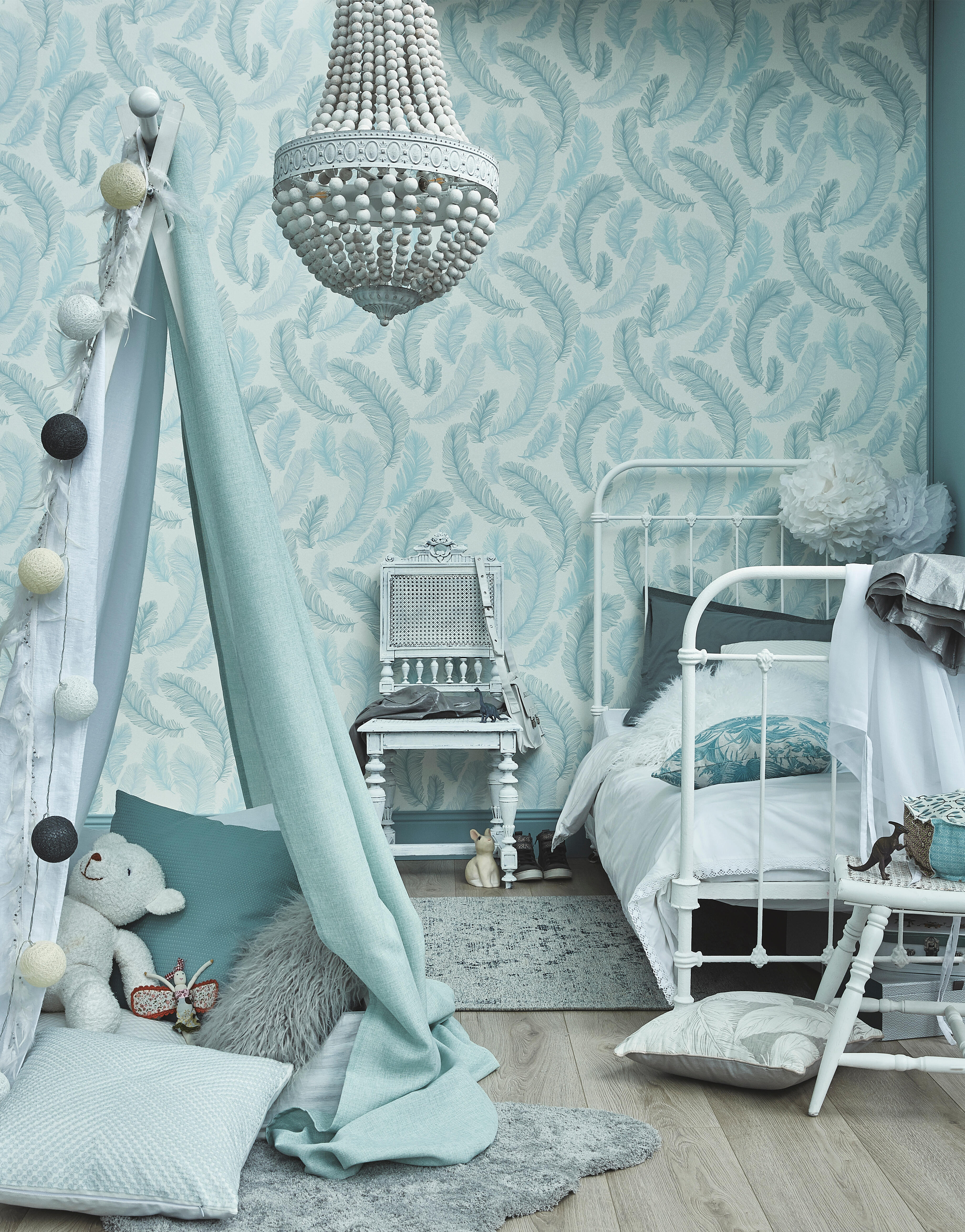 Papier peint intissé Plume paillette bleu - 6