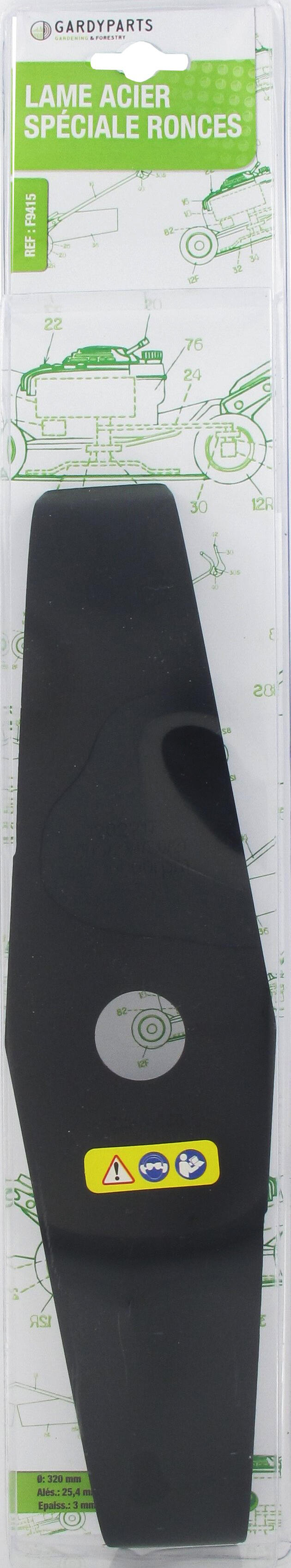 Lame acier 2 dents spéciale ronces pour débroussailleuse dimensions coupe: 320mm