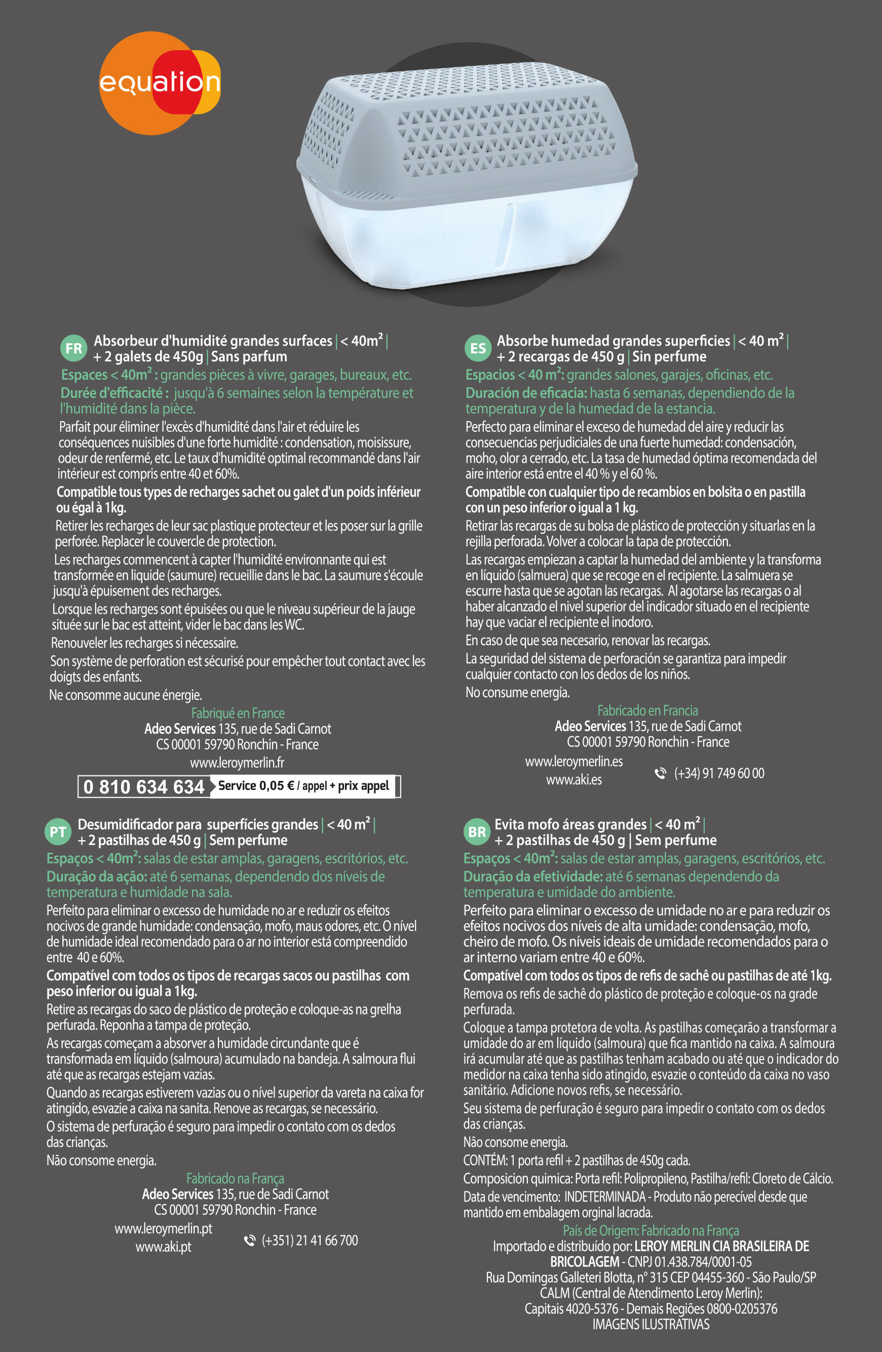 Kit de absorción de humedad  EQUATION 900 gr para uso en estancias hasta 40m2. Perfume neutro.  2 recargas en pastilla. 27 x 17 x 19 cm. Vida útil 4 semanas. - 3