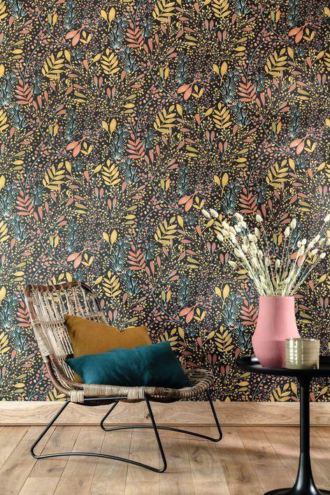 Papier peint intissé Green life joy rose or fond noir