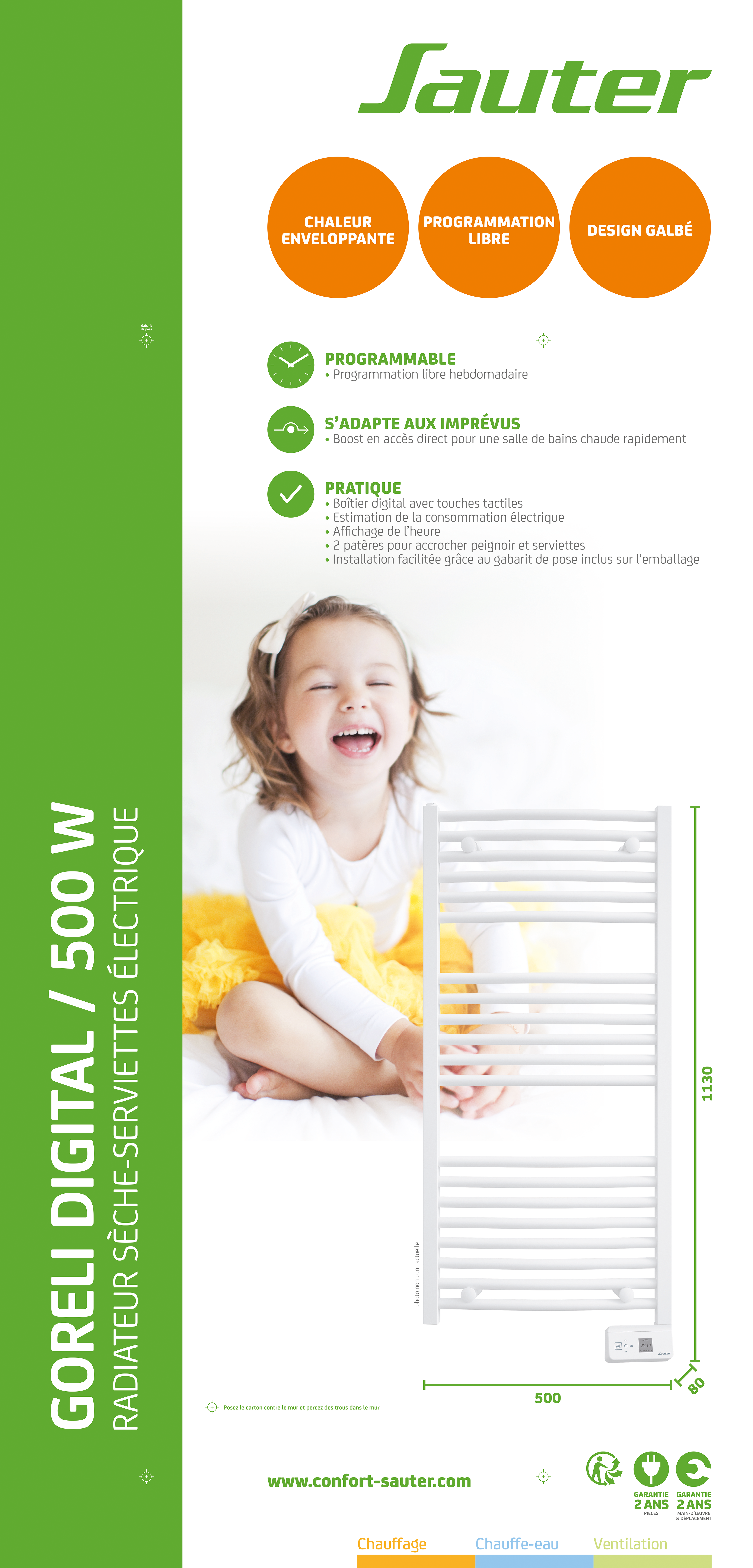 Sèche-serviettes électrique à inertie fluide SAUTER 500W, H113 x l50 cm Goreli d - 7