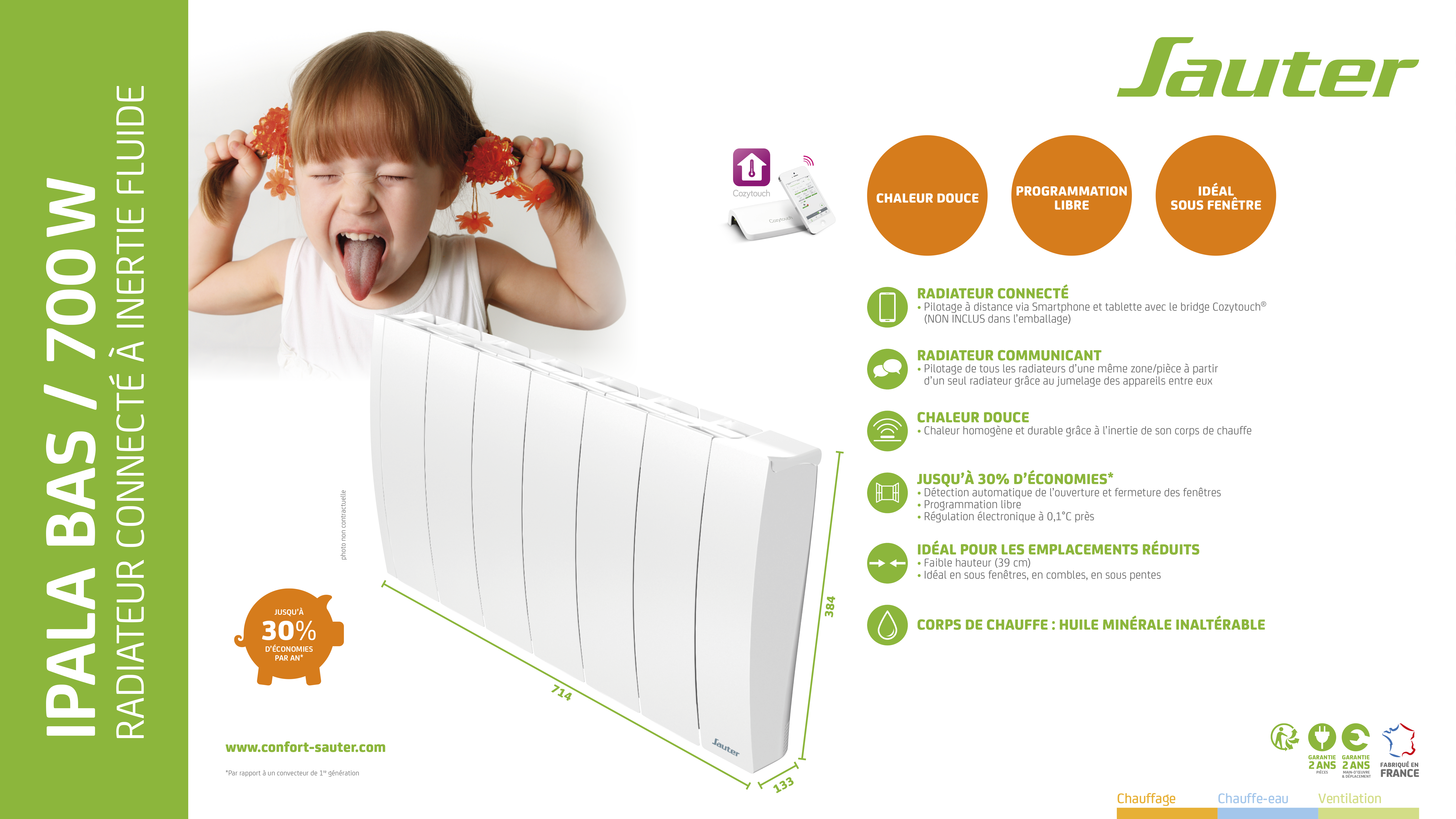 Radiateur électrique connecté inertie fluide 700W SAUTER Ipala plinthe blanc - 10