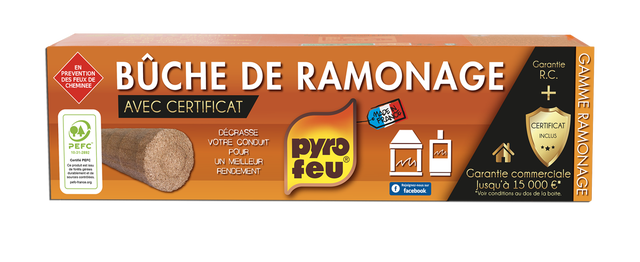 Bûche de ramonage avec garantie R.C et certificat, PYROFEU