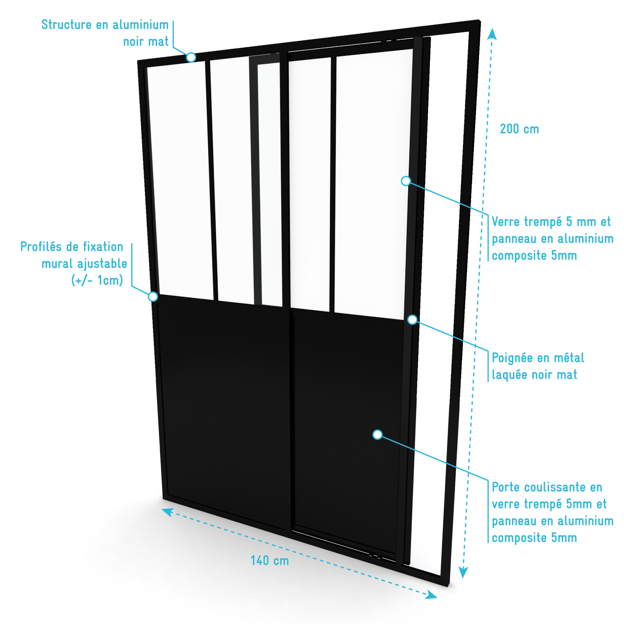 Porte de douche coulissante transparent, noir L.140 cm, Fabrik - 4