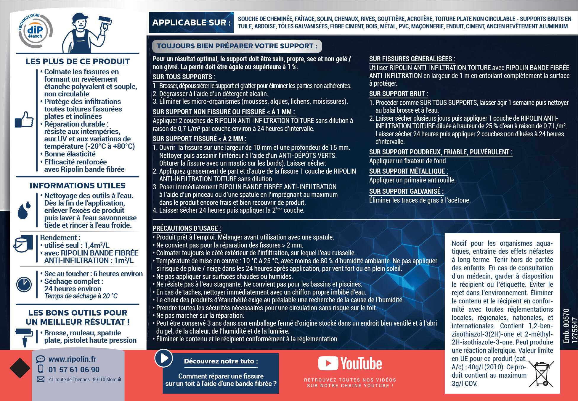 Revêtement d'étanchéité Anti-infiltration toiture dip etanch gris RIPOLIN 0.75L - 5