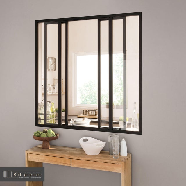 Verrière coulissante en alu noir 4 vitrages transparents inclus, H.130xl.123 cm