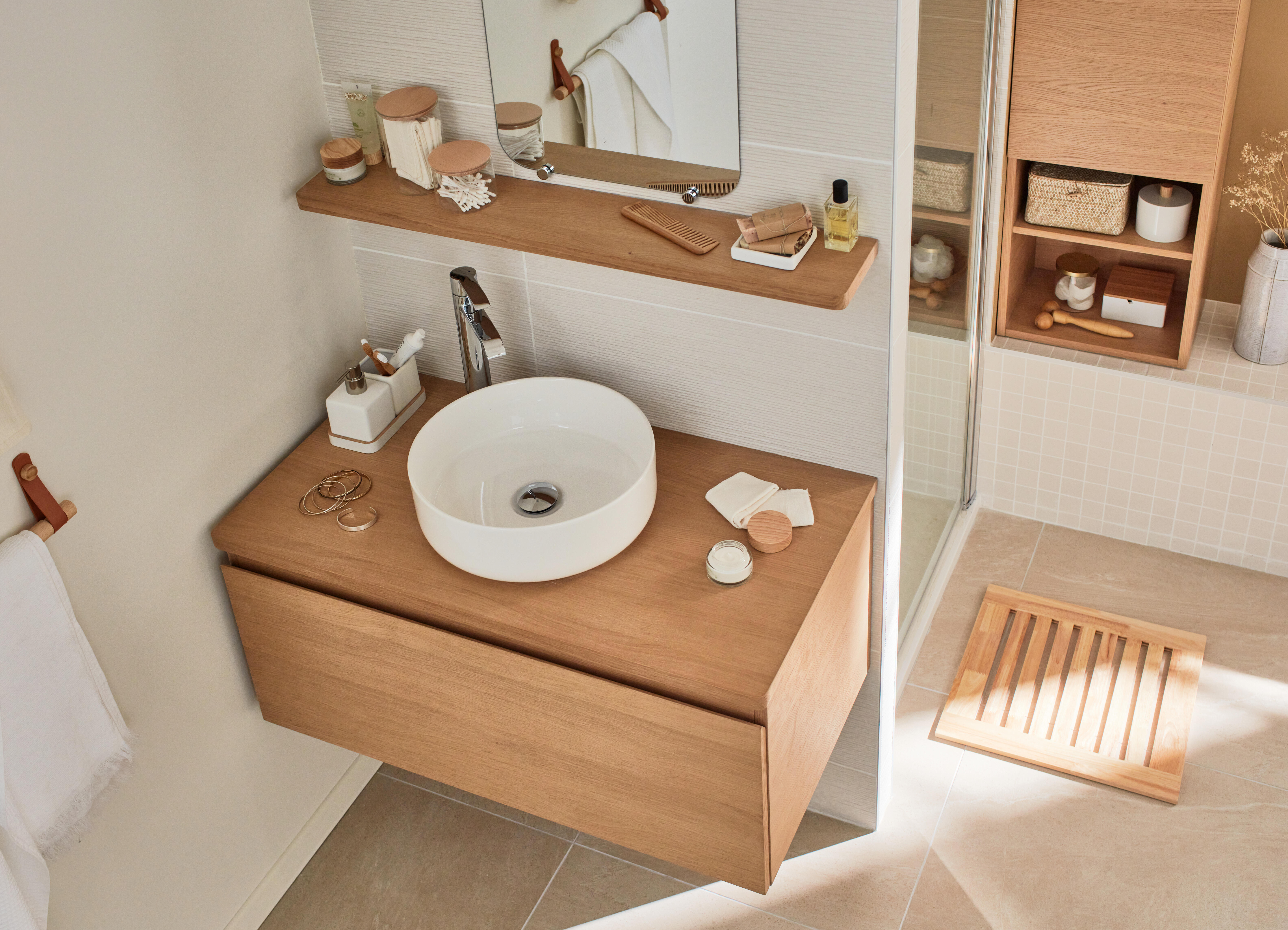 Meuble sous-vasque L.90cm x H.40.5cm x P.48cm placage chêne Natural - 6