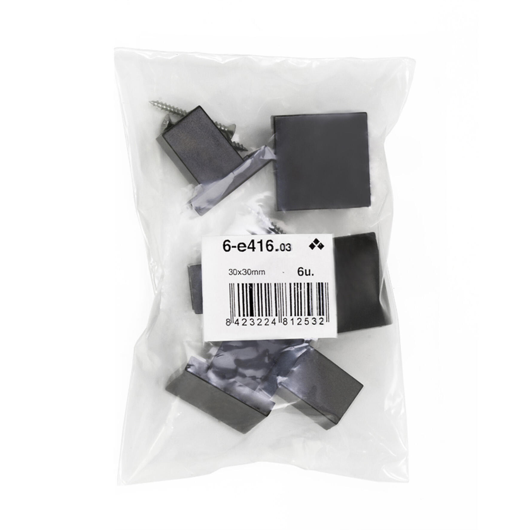 6 boutons de meuble carrés, abs noir, l.30 mm - 7