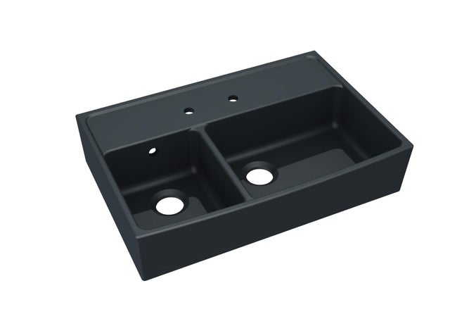 Evier à poser céramique timbre d'office 2 bacs, grès WALTER Noir mat