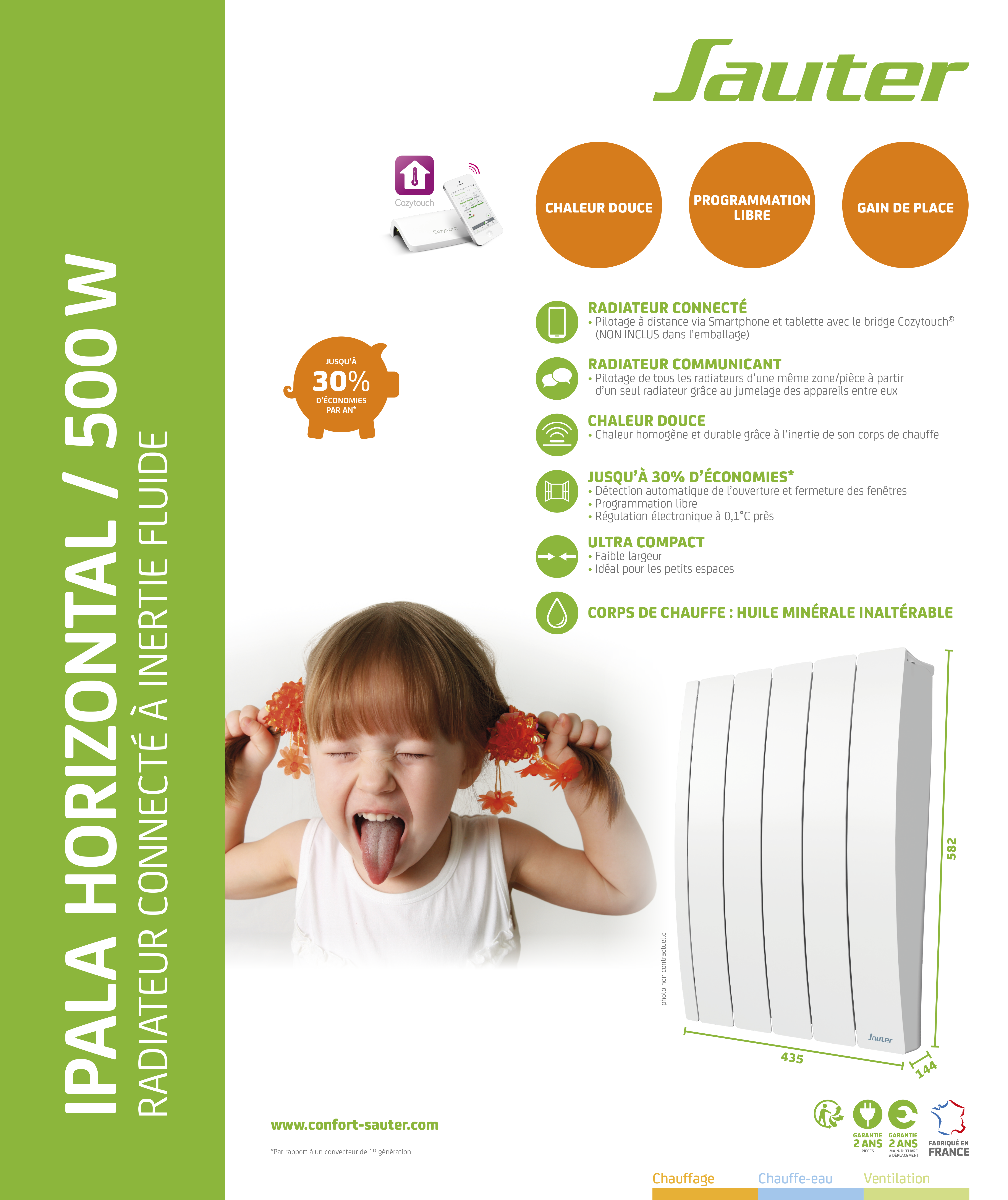 Radiateur électrique connecté à inertie fluide 500 W SAUTER Ipala horizontal - 10