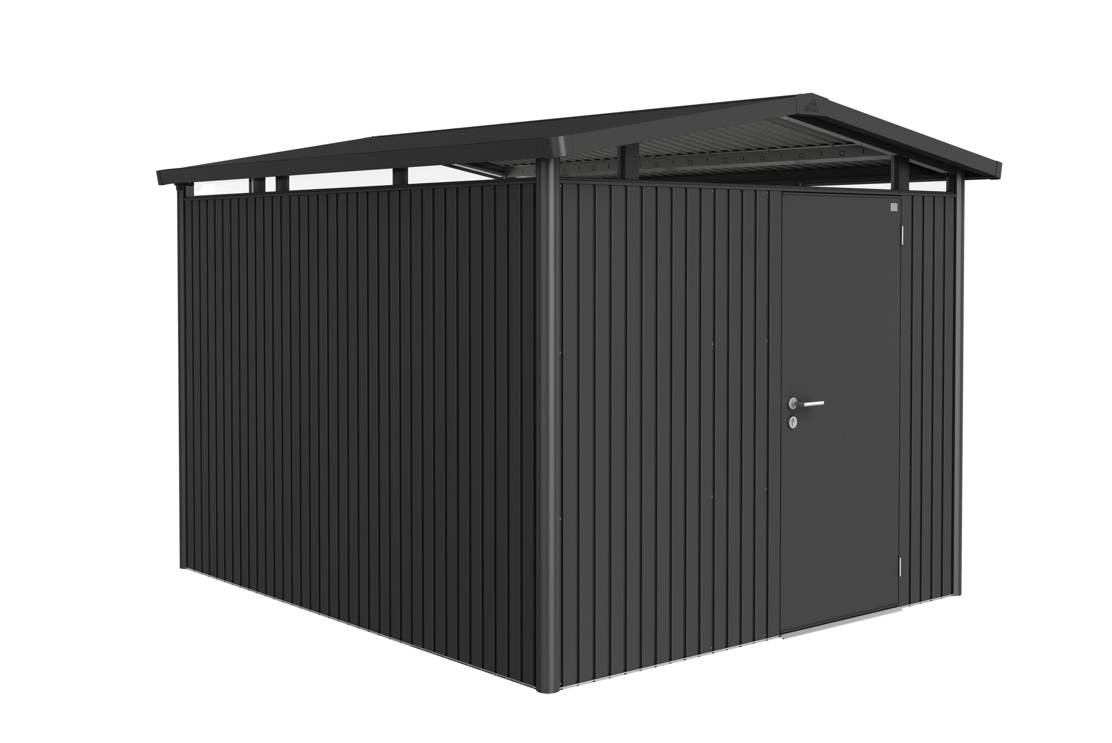 Caseta de metal gris oscuro panorama de 273x227x318 cm y 8.68 m2