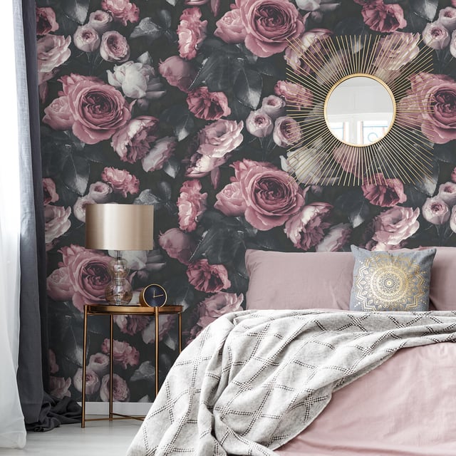 Papier peint intissé Motif fiorie rose et noir