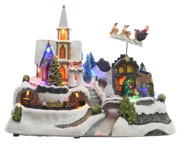Village église avec train lumineux de Noël multicouleur à LED