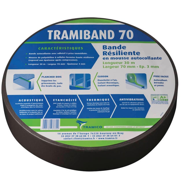 Bande résiliente en mousse Tramiband, autocollante, 70 x 3 x 30 m
