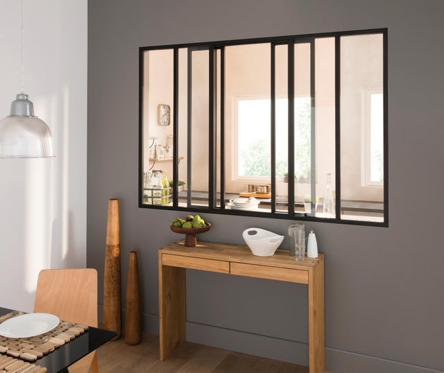 Verrière coulissante en aluminium noir sablé 6 carreaux, H.130 x l.183.2 cm