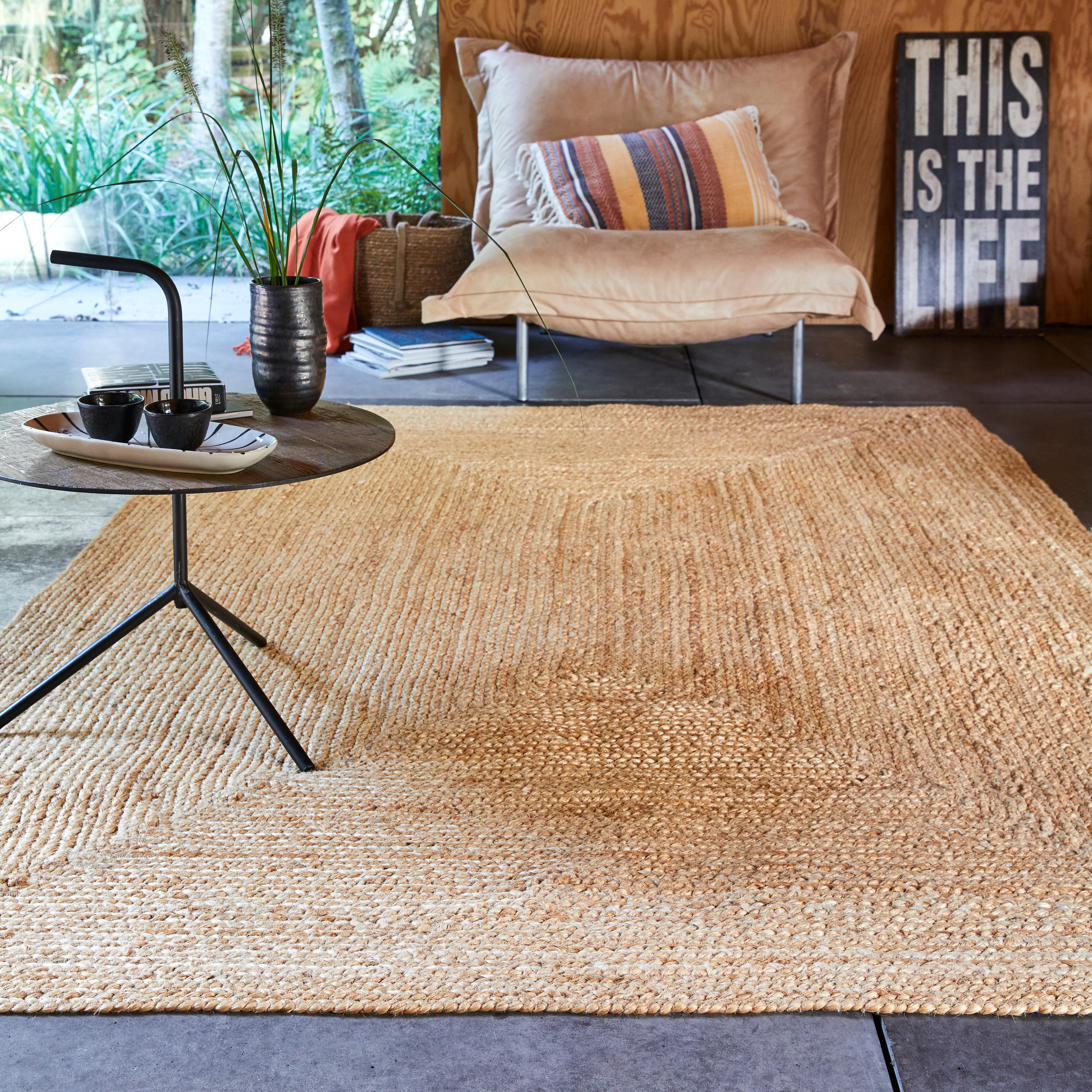 Tapis extérieur rond pas cher blanc et naturel 150 cm