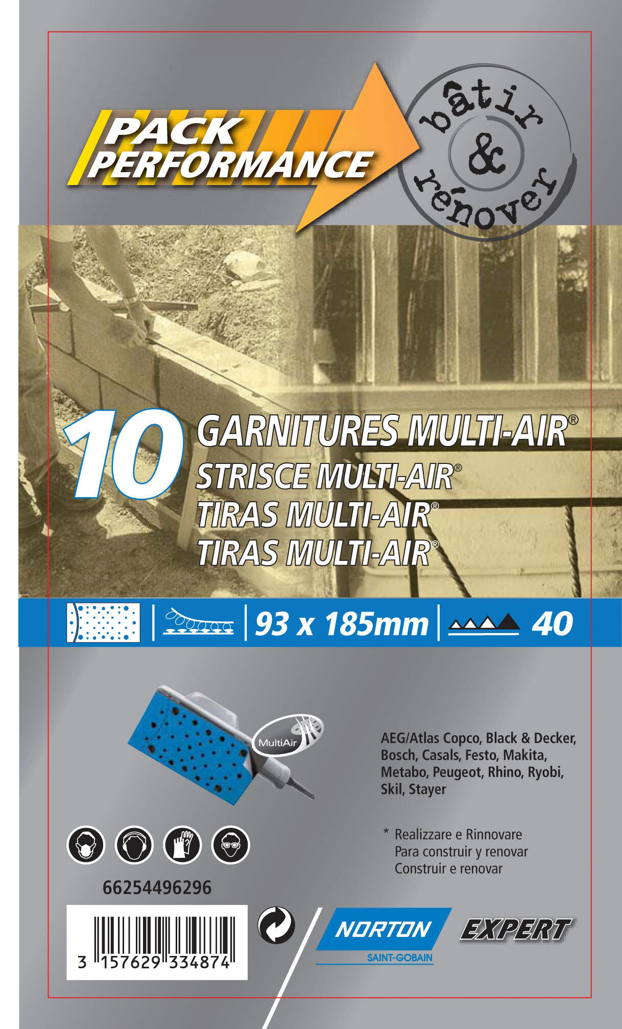 Lot de 10 patins abrasifs NORTON, 93x185 mm, grains 40 - 3