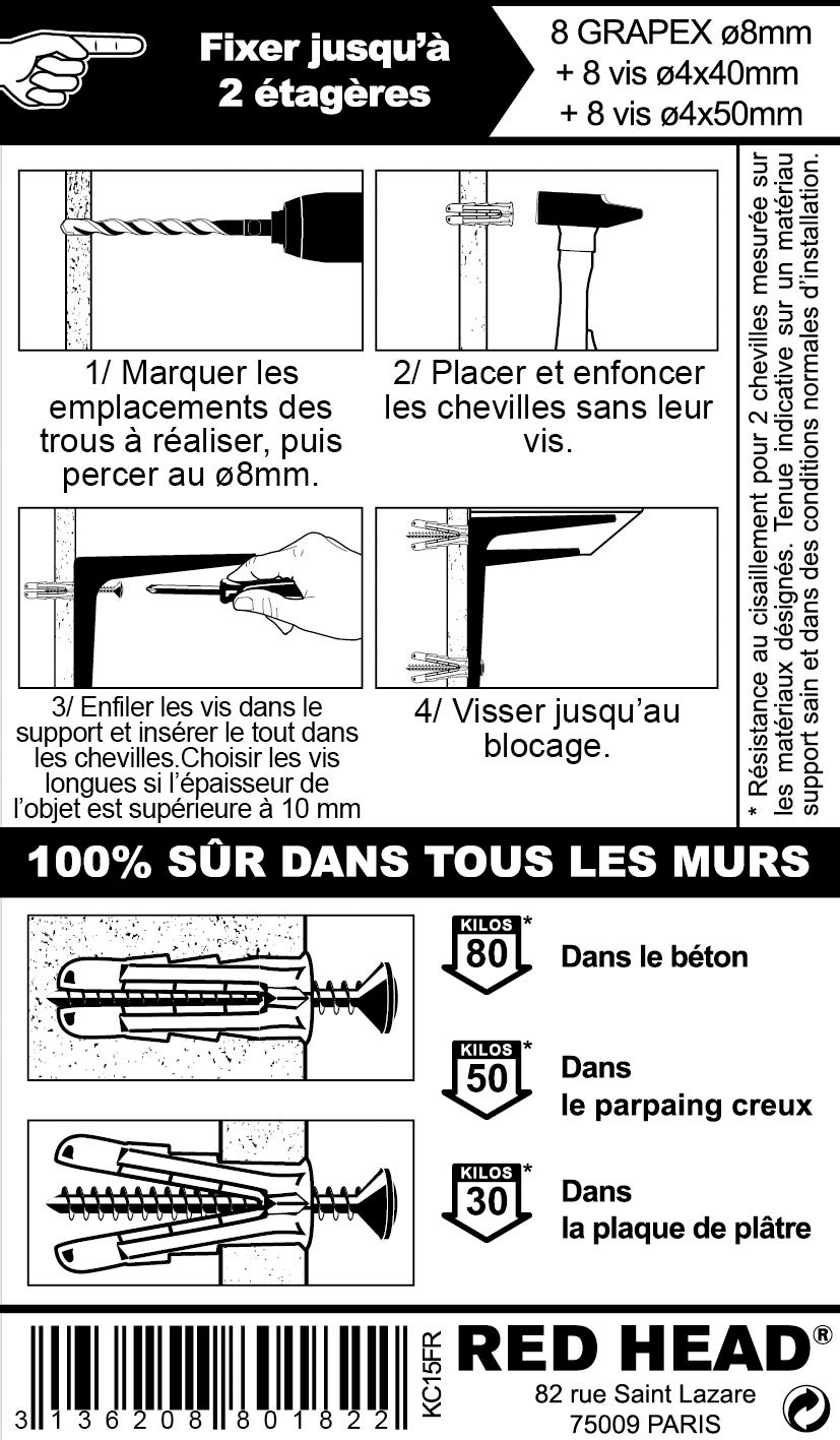 Kit chevilles à expansion etagère légère RED HEAD, Diam.8 x L.32 mm - 2