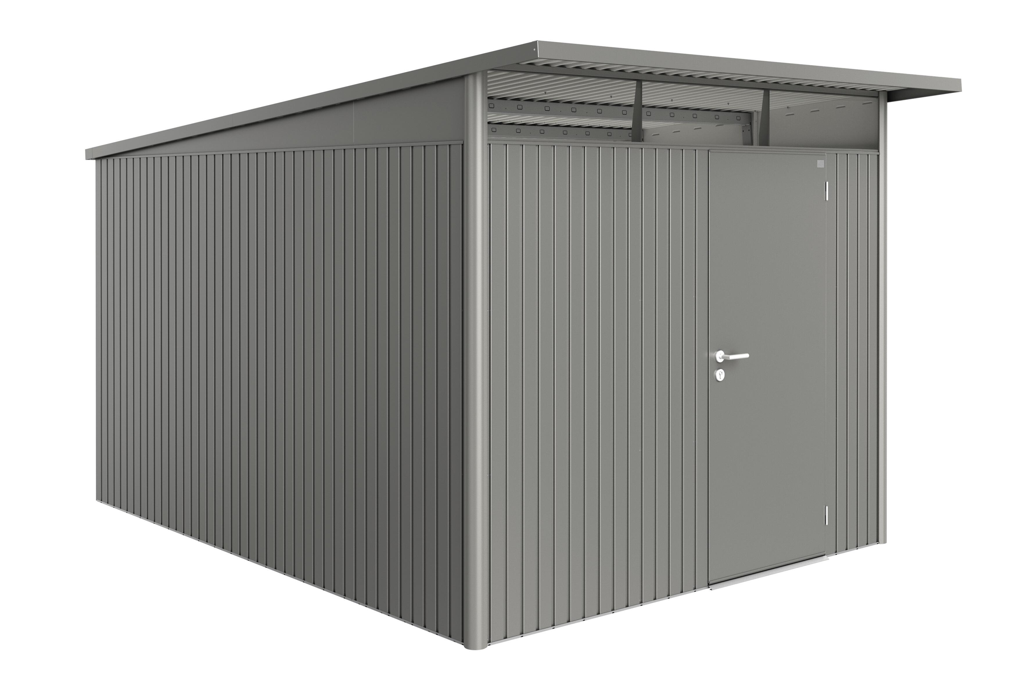 caseta de metal avantgarde a8 de 260x222x380 cm y 988 m2 con 05 mm espesor y puerta abatible biohort