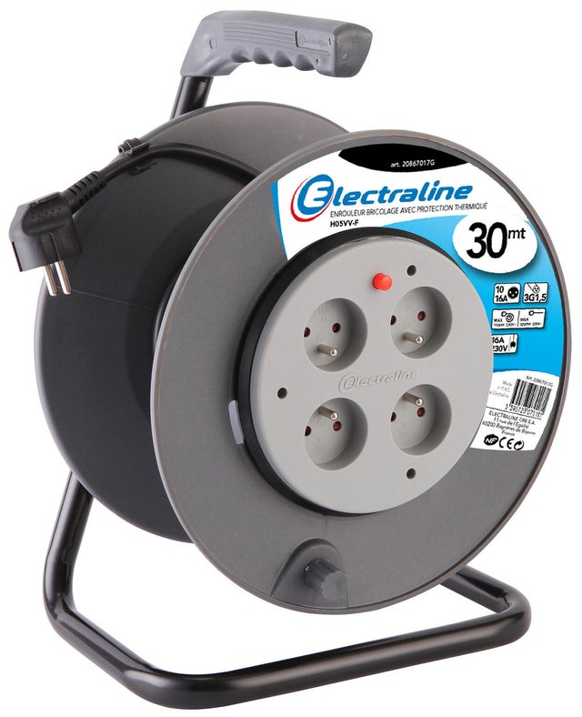 Enrouleur de câble électrique bricolage L.30m H05VV-F 3G1.5, ELECTRALINE