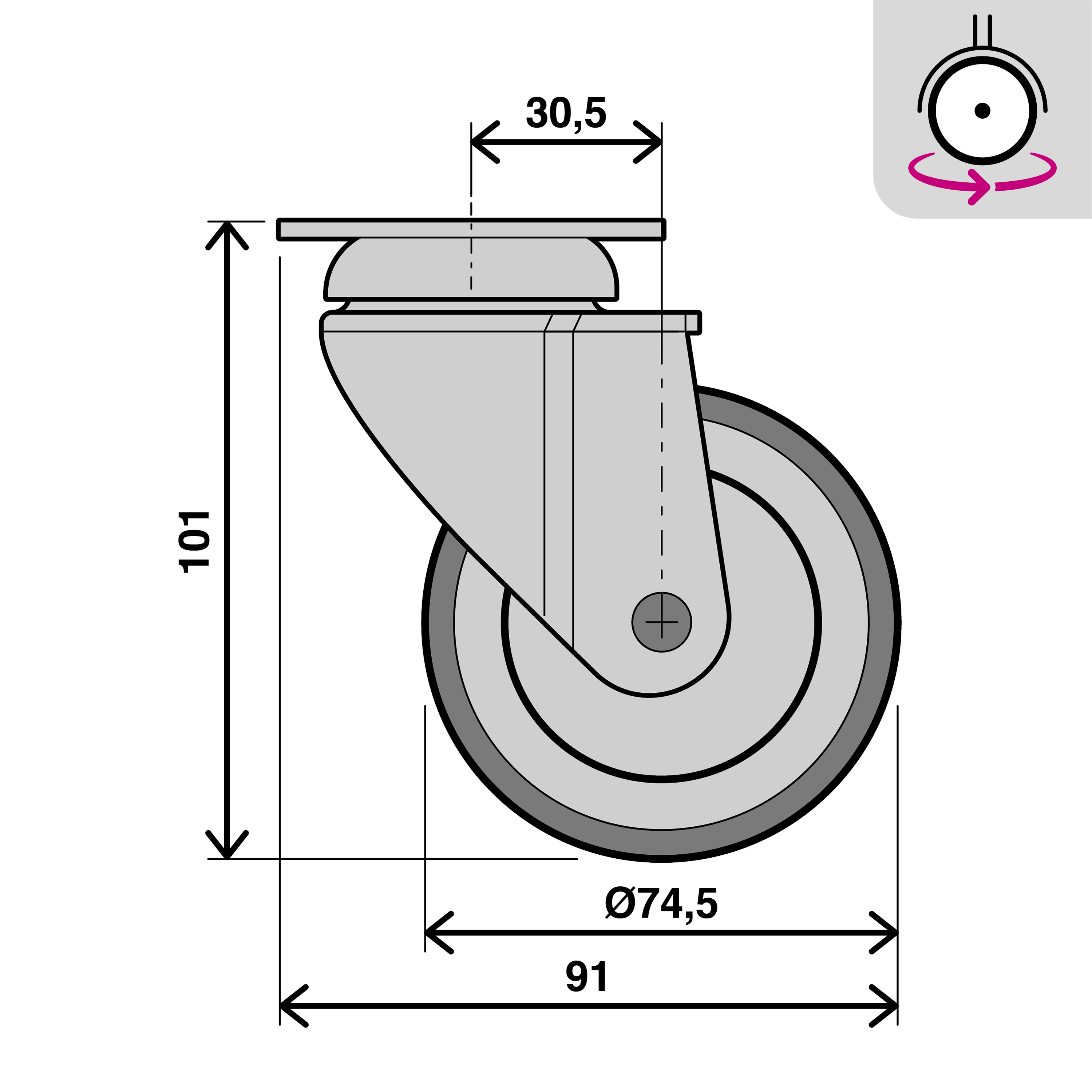 Roue pivotante sur plaque diam.75 mm - 4