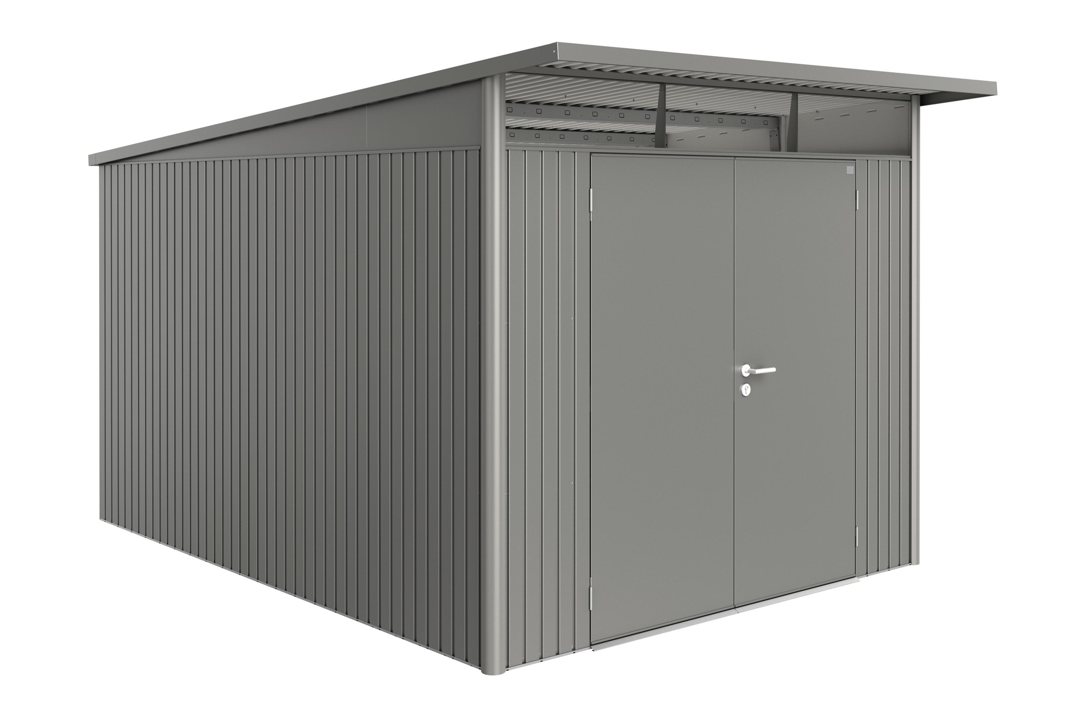 caseta de metal avantgarde a8 de 260x222x380 cm y 988 m2 con 05 mm espesor y doble puerta abatible biohort