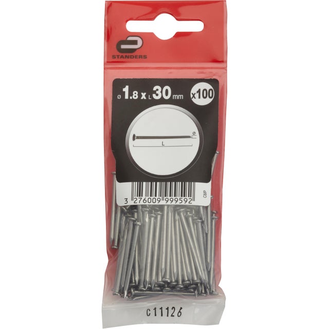 100 clous acier STANDERS tête plate, Ø1.8 x L.30 mm