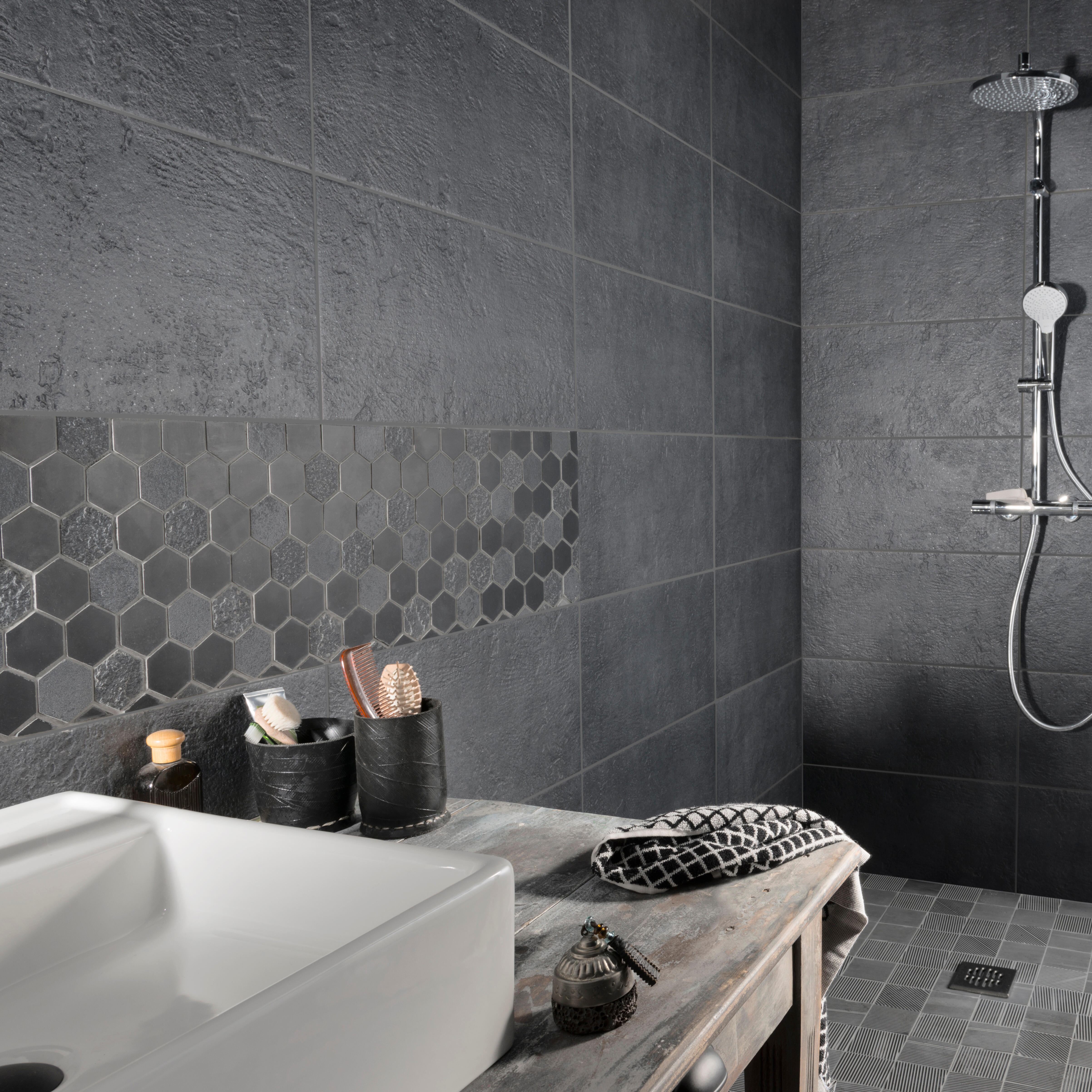 Carrelage mur intérieur / sol intérieur effet pierre anthracite Vestige l.30 x L - 8