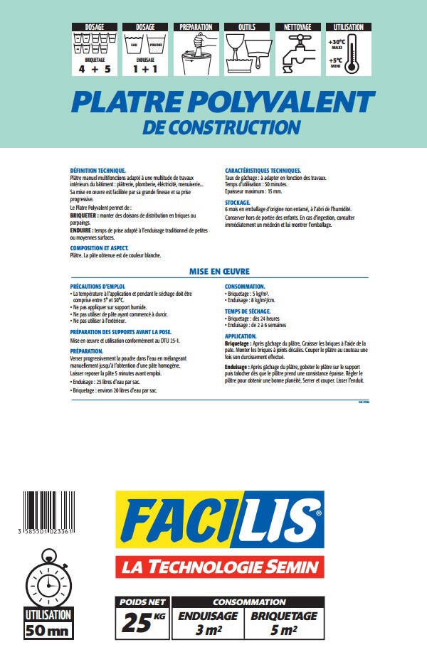 Plâtre polyvalent FACILIS, 25 kg - 2