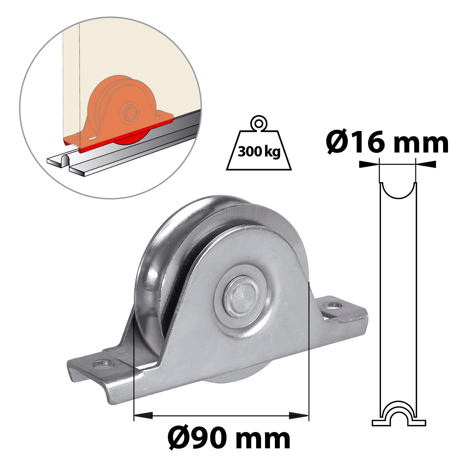 Roue de portail gorge U à encastrer acier zingué, H.90 x L.155 x P.32 mm AFBAT - 2