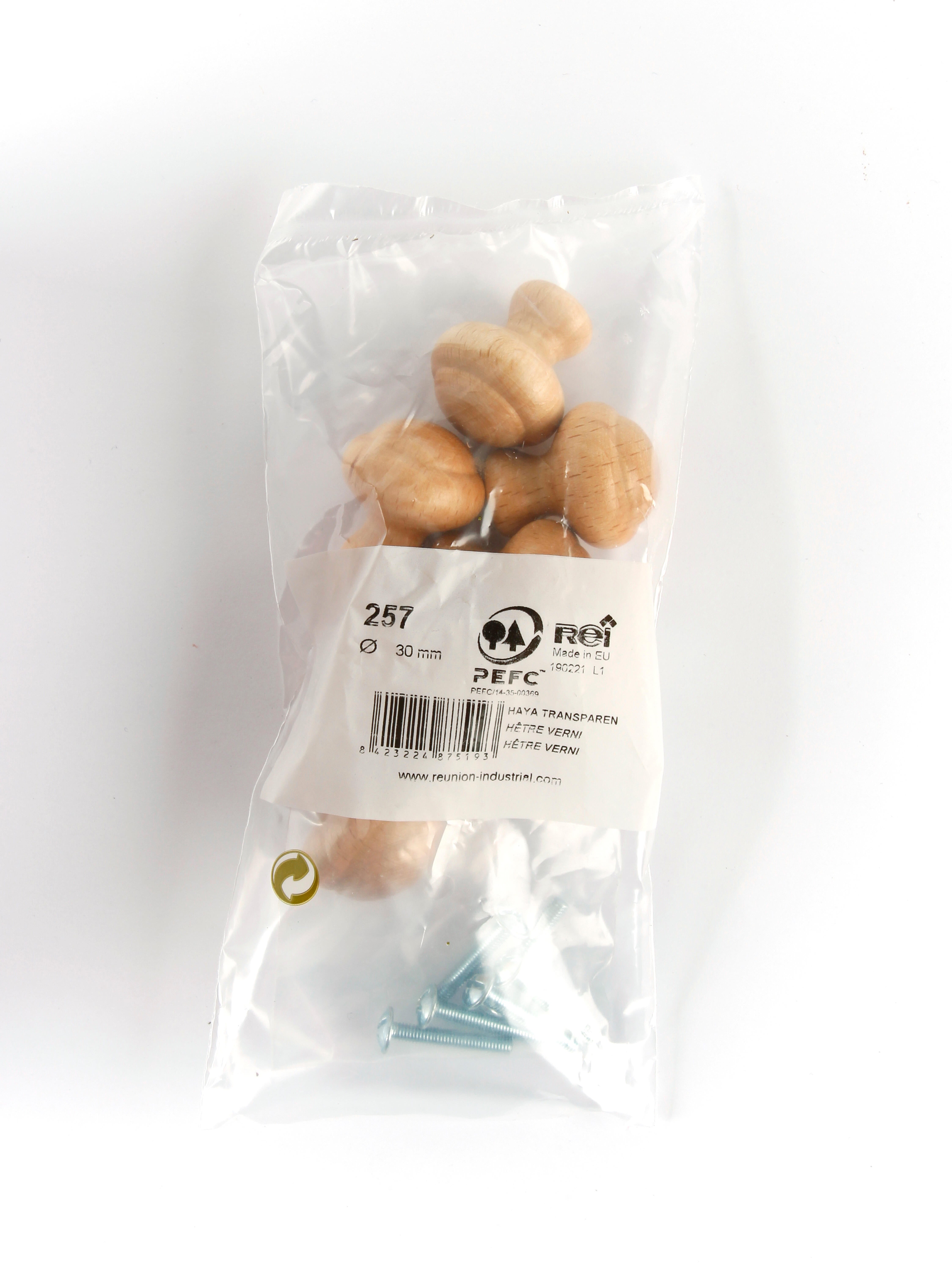 6 boutons de meuble ronds, bois hêtre verni, Diam.30 mm - 6