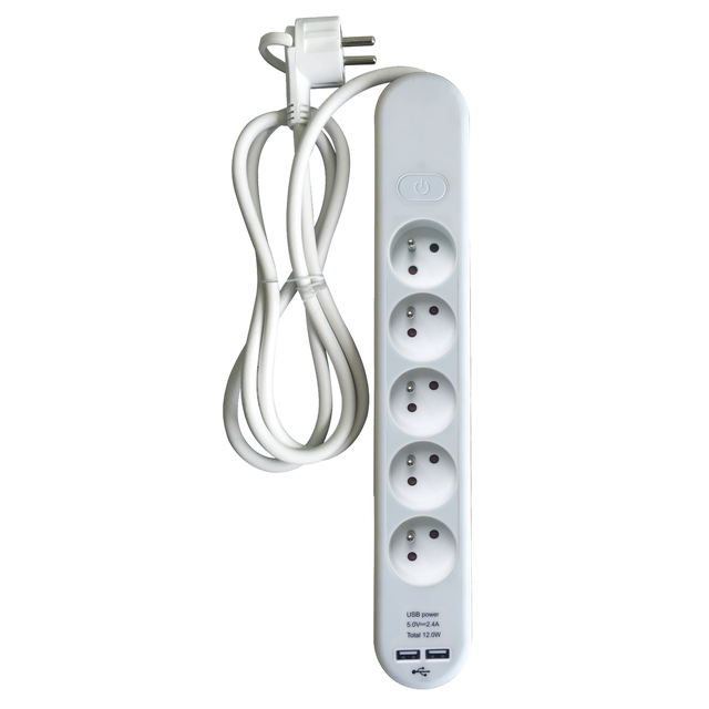 Multiprise USB filaire avec interrupteur, 5 prises + 2 USB-A blanc, 1.5M, LEXMAN