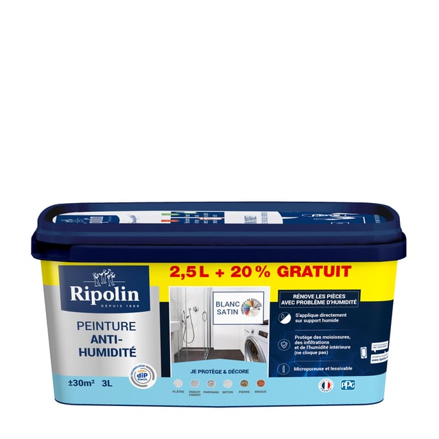 Peinture anti-humidité blanc satin RIPOLIN Dip etanch 2.5L+20% gratuit