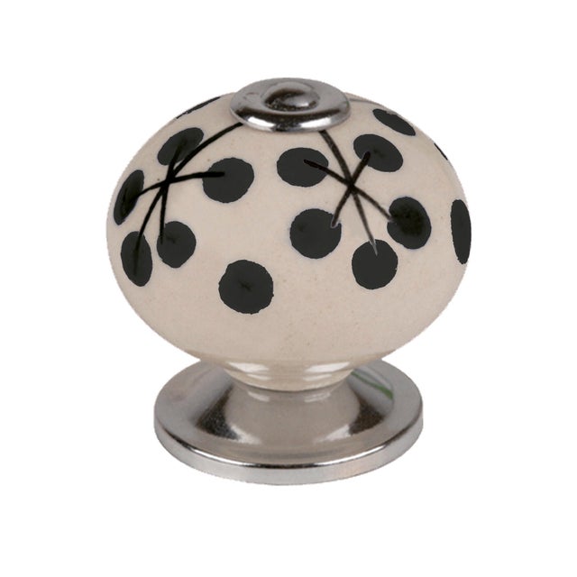 Bouton de meuble rond Flora, porcelaine noir / blanc, Diam.40 mm