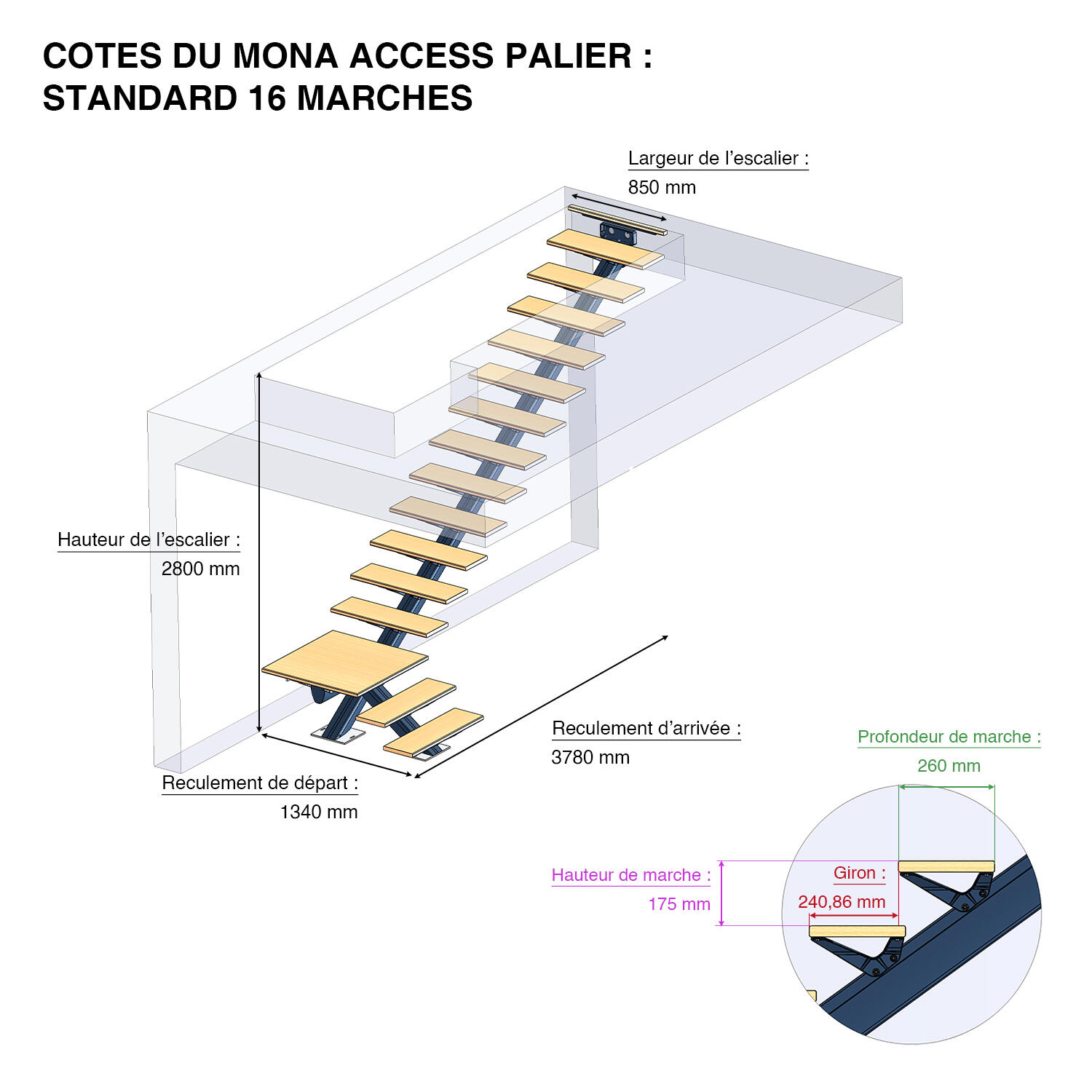 Escalier 1/4 t. bas révers. alu gris anthr. Mona 16 mar. hêtre, H.280 l.85 cm - 2