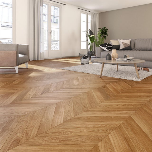 Parquet contrecollé chêne blond vitrifié S point de hongrie BROCELIANDE l.9cm