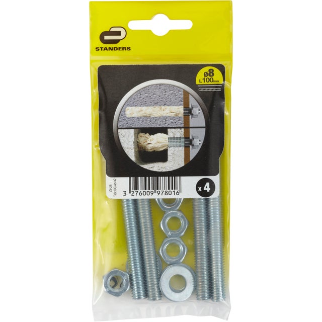 Lot de 4 tiges filetées pour scellement chimique STANDERS, Diam.8 x L.100 mm