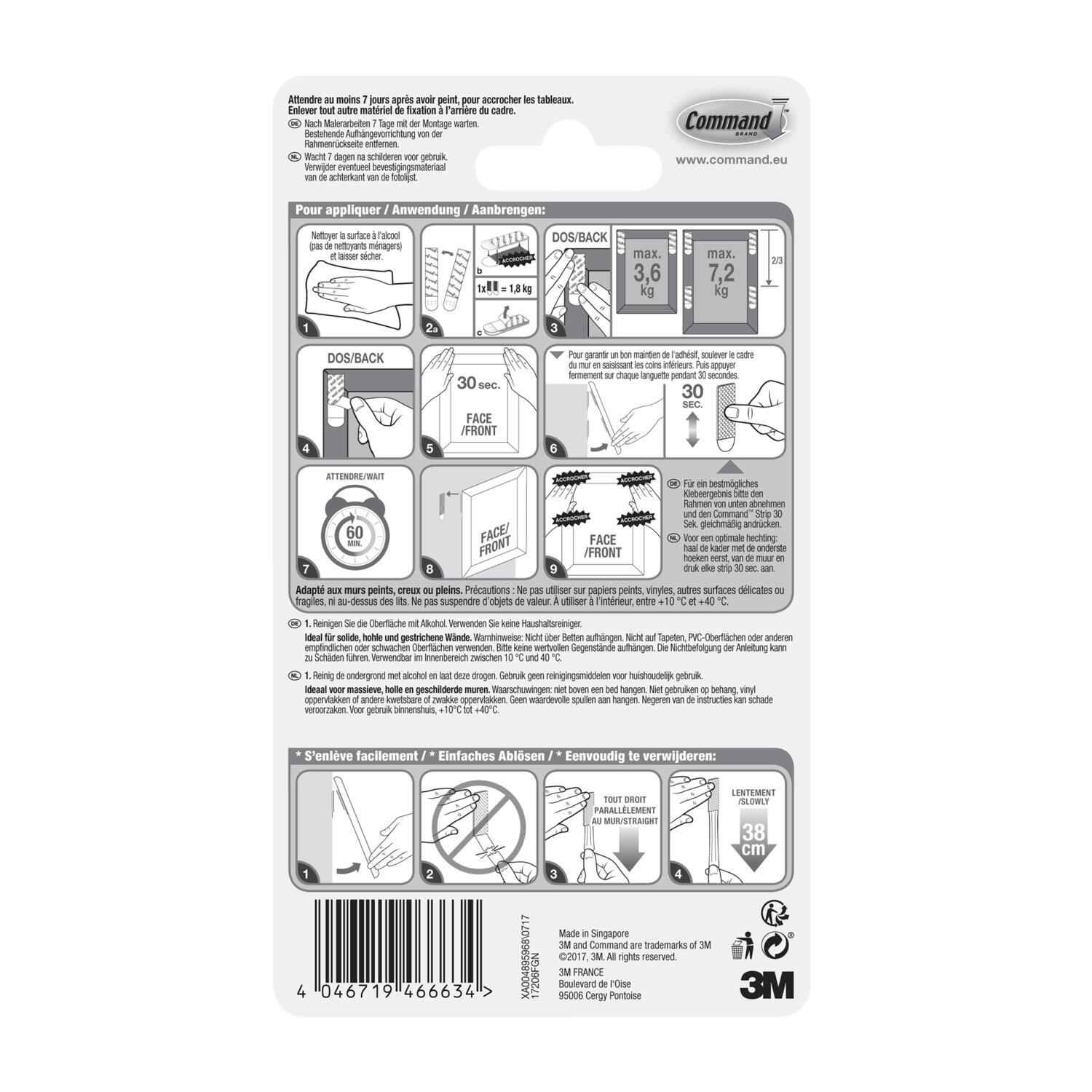 4 paires de languettes adhésives blanc de fixation de tableaux 7kg max COMMAND - 6