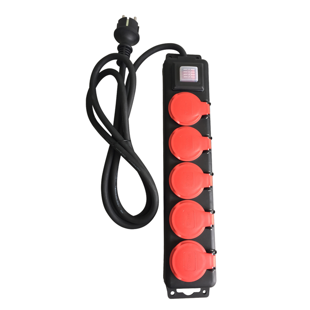 Multiprise filaire extérieure, IP44, 5 prises rouge / noir, 2M, LEXMAN