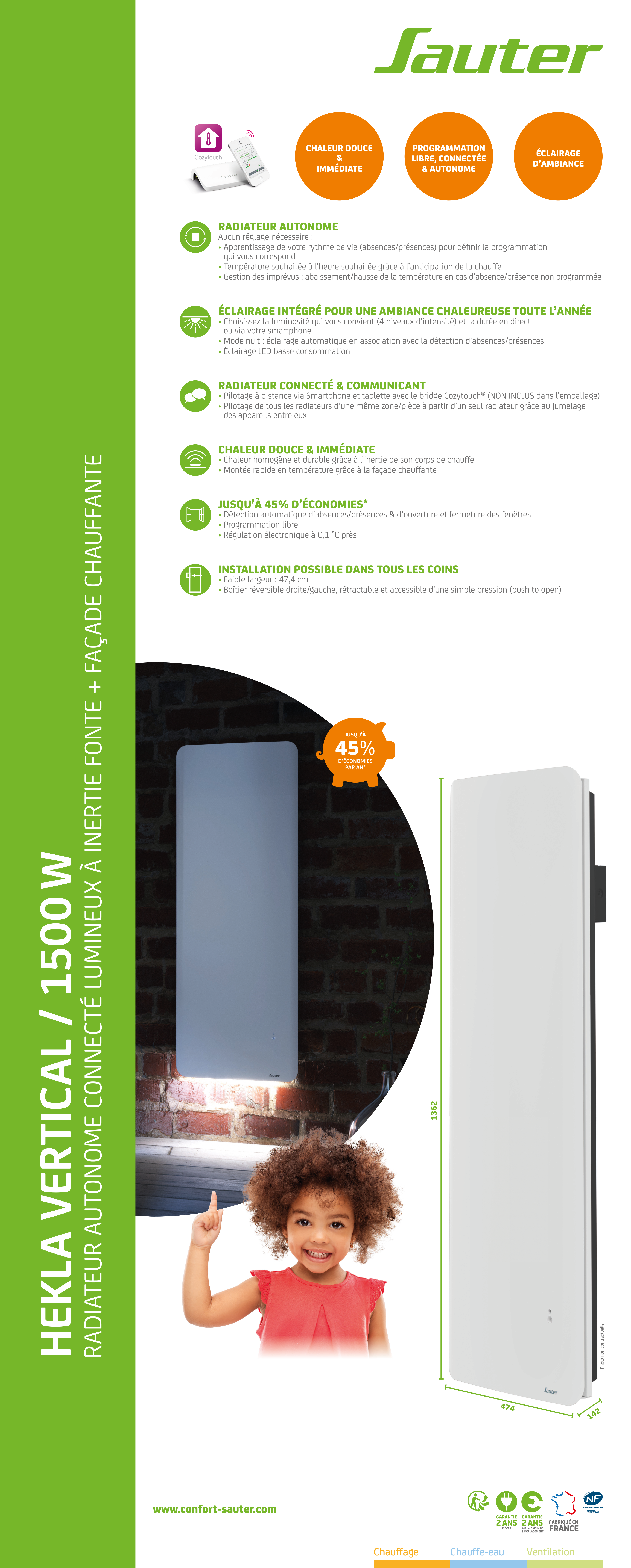 Radiateur électrique double système chauffant 1500W SAUTER Hekla vertical blanc - 9