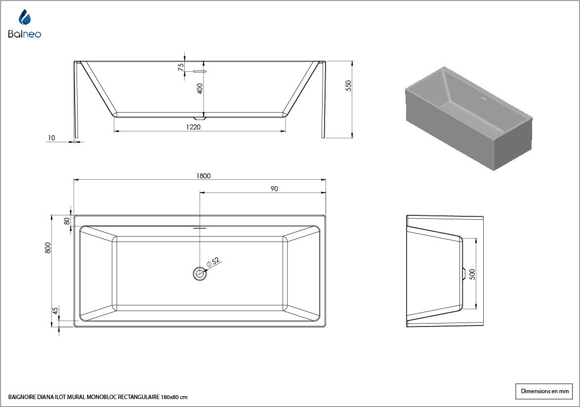 Baignoire îlot l.80 x L.180cm blanc Diana BALNEO - 5