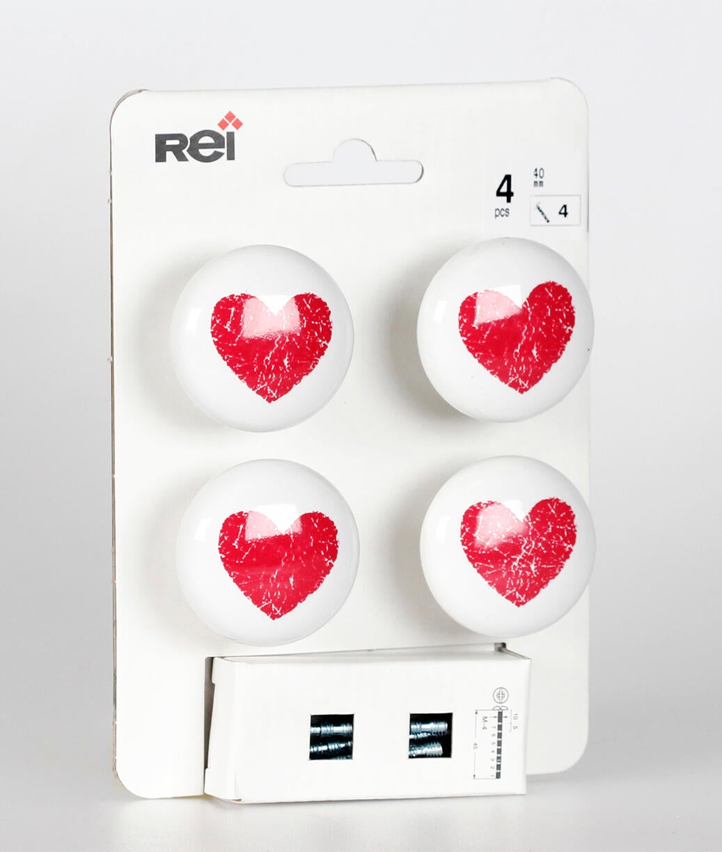 4 boutons de meuble Cœur, porcelaine blanc / rouge - 4