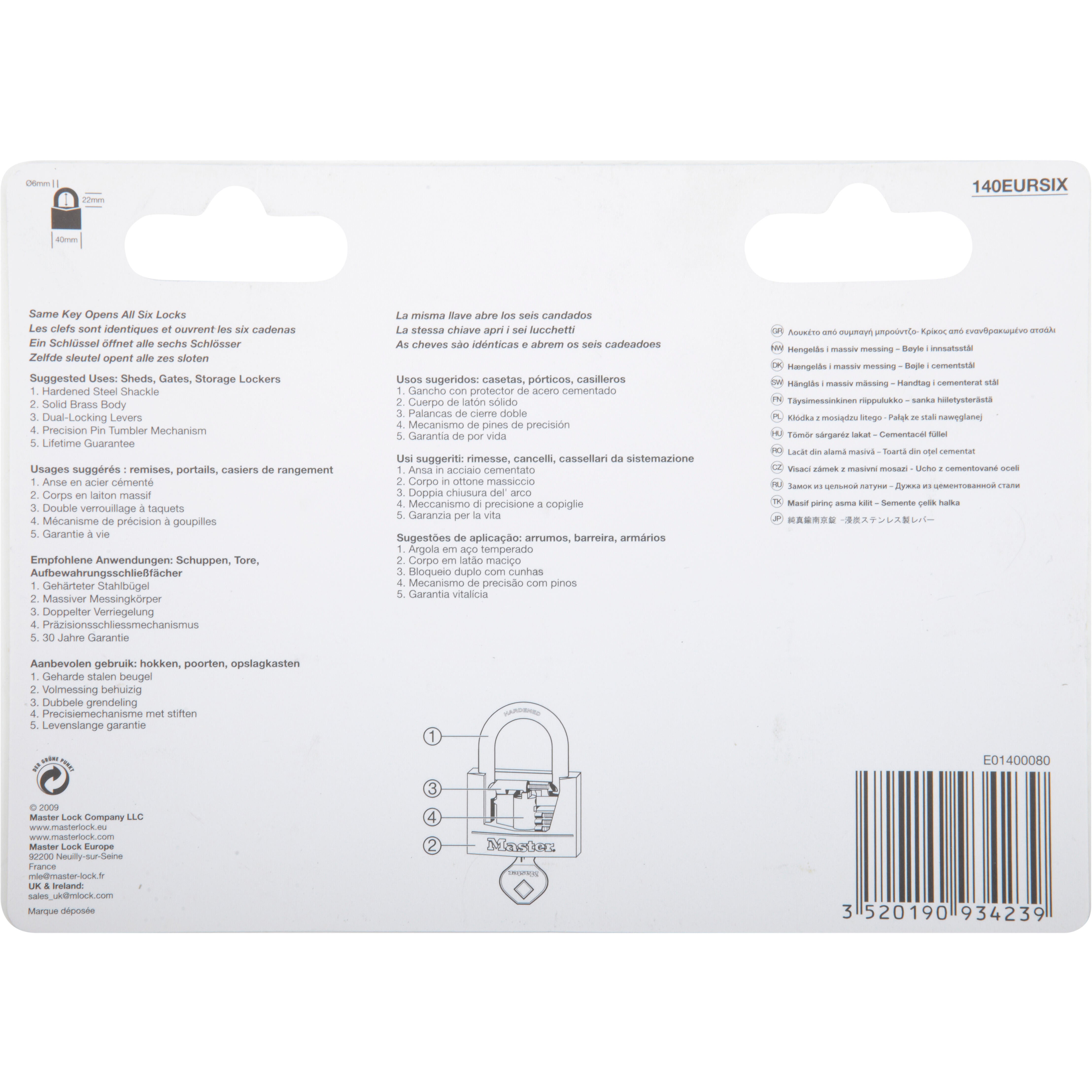 Master Lock 140EURSIX Lot de 6 Cadenas à Clé en Laiton, Doré, 6 x 4 x 1,3 cm - 6